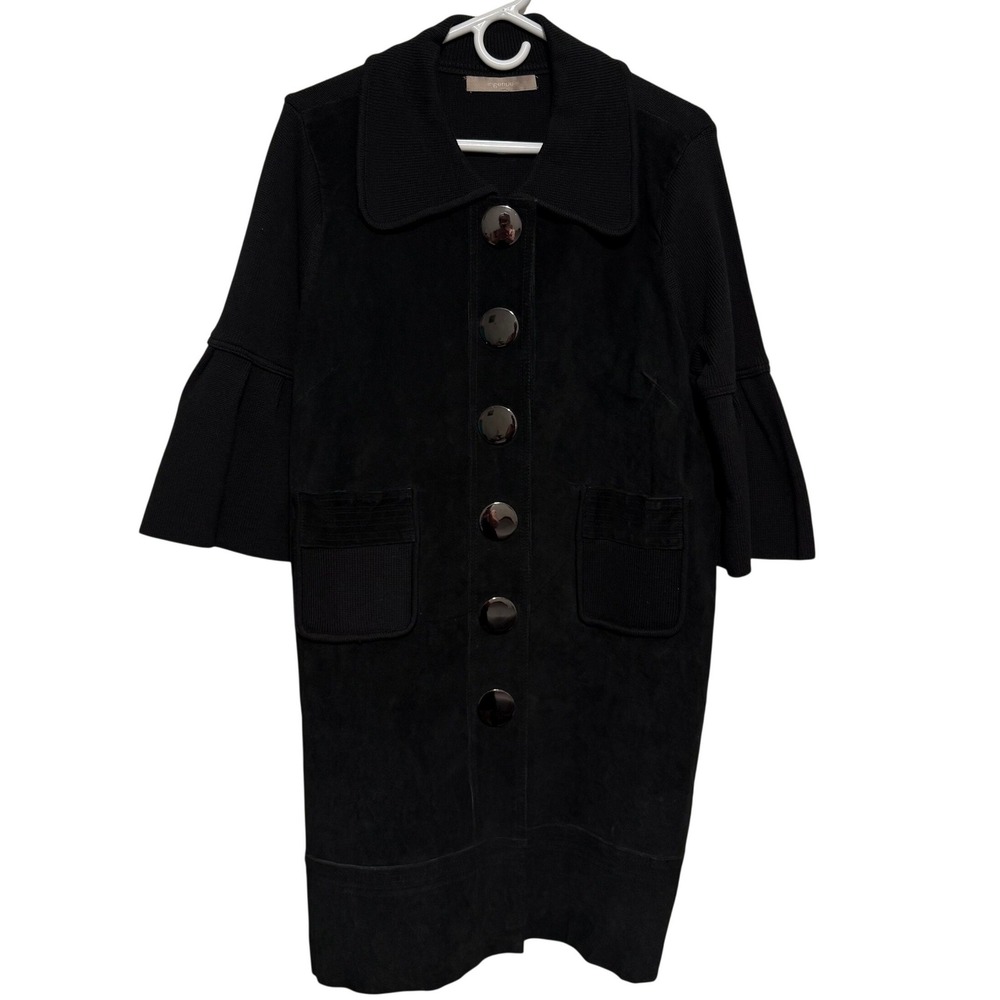 Ingenue Black‎ Suede Mixed Media Coatigan Dress Bell Sleeve Large Button Y2K